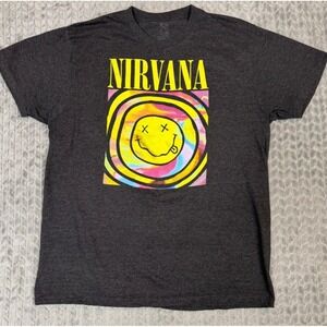Nirvana Smiley Face Tie Dye Graphic T-Shirt Mens 2XL Charcoal Gray Rock Band Tee
